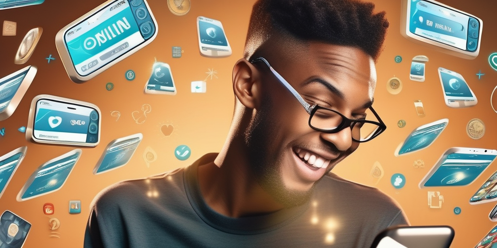 Молодой человек с воодушевлением смотрит на телефон с открытым интерфейсом Telegram.