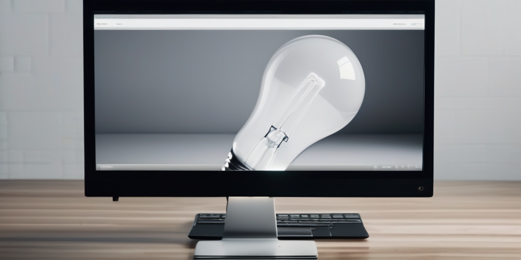 Лампочка освещает экран компьютера, символизируя использование ИИ для генерации контента