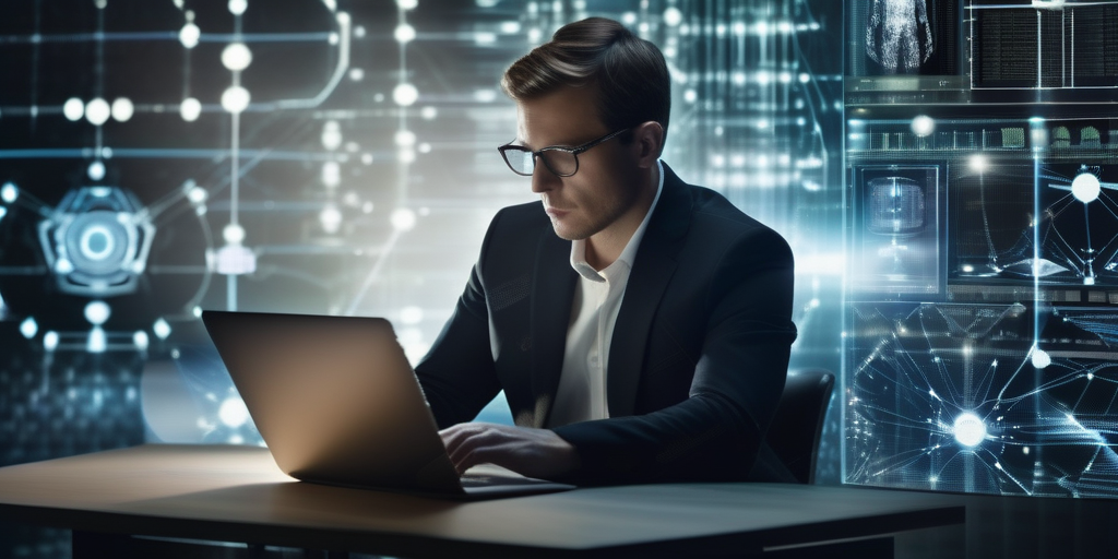 Человек работает за компьютером, окруженный цифровыми интерфейсами