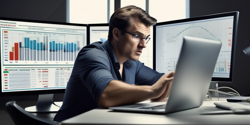 Разочарованный вебмастер, смотрящий на компьютерный экран с графиками и диаграммами.
