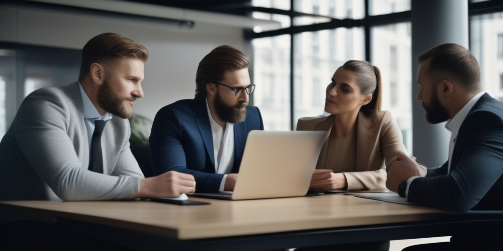 Группа людей работает над проектом, используя цифровые устройства.