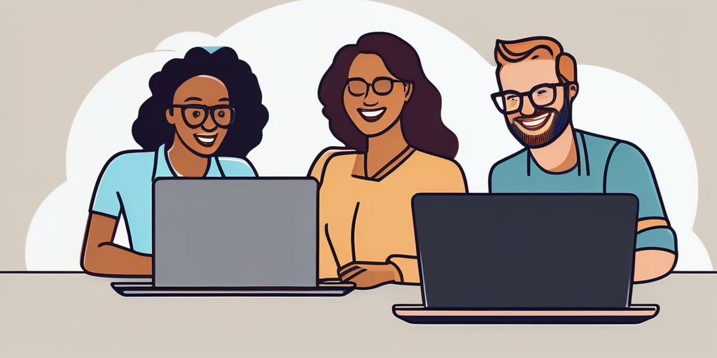 Группа людей работает вместе за ноутбуками, изображая командную работу.