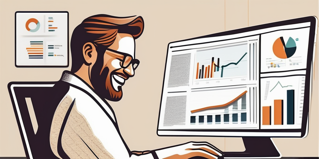 Человек счастливо работает за ноутбуком, окруженный графиками успешных рекламных кампаний