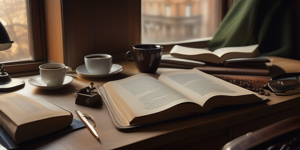 Рабочий стол писателя с книгами, ручкой и чашкой кофе