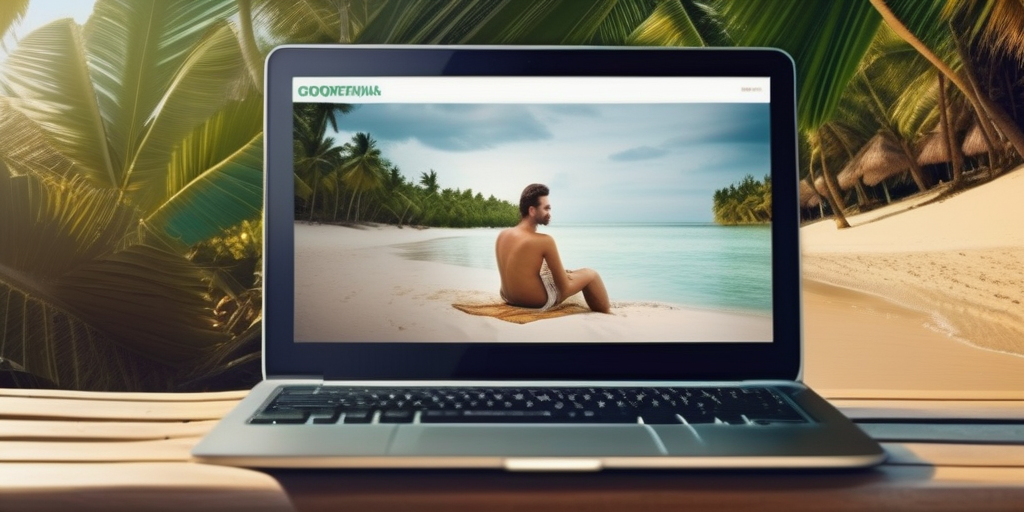 Человек зарабатывает онлайн, сидя на пляже