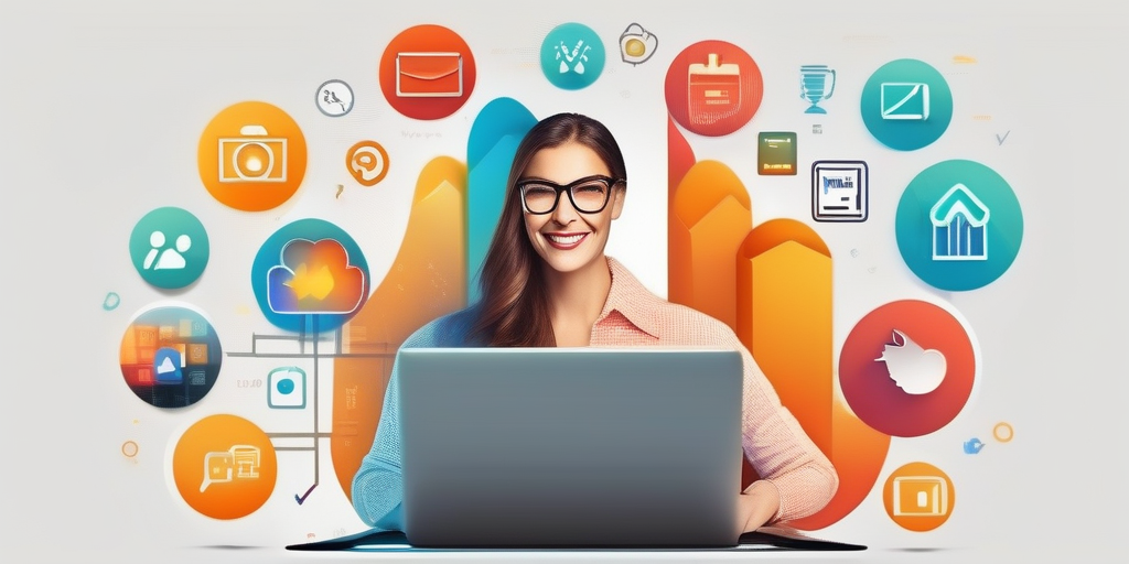 Человек счастливо работает на ноутбуке, окруженный иконками, символизирующими различные онлайн-задачи.