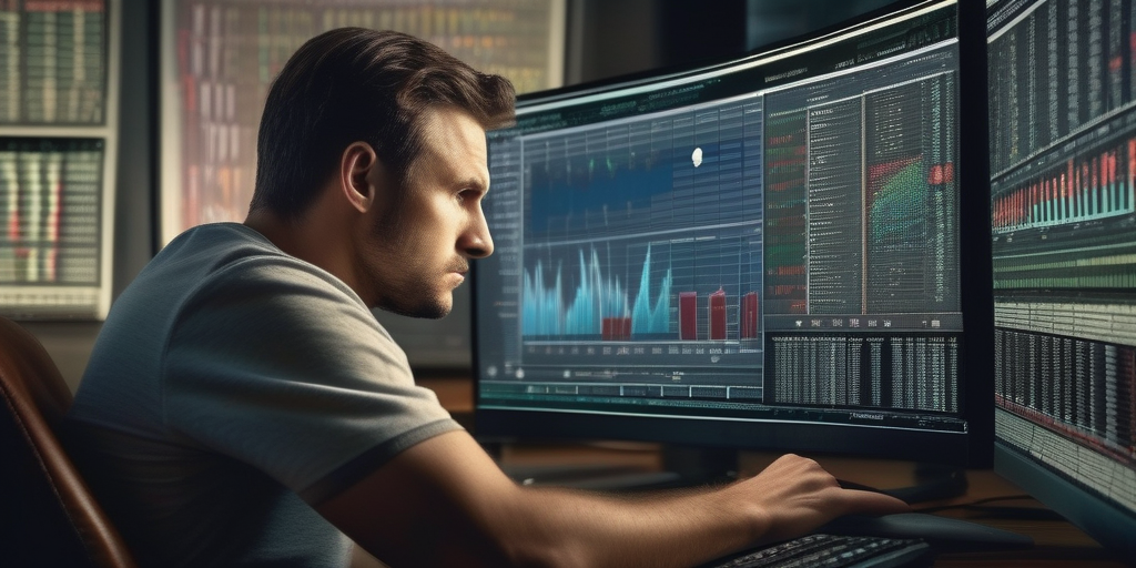 Человек, растерянно смотрящий на экран с графиками