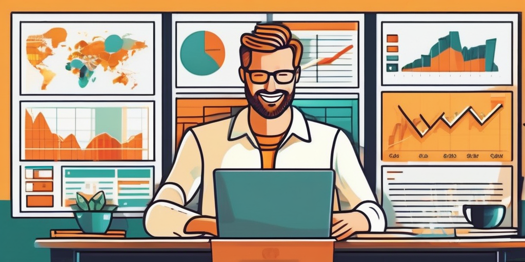 Иллюстрация человека, изучающего графики на ноутбуке, символизирующая путь новичка в арбитраже трафика.