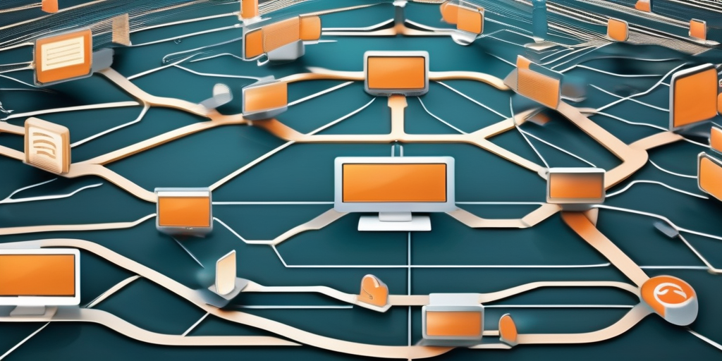 Абстрактное изображение цифровой экосистемы, показывающее потоки трафика и данных.