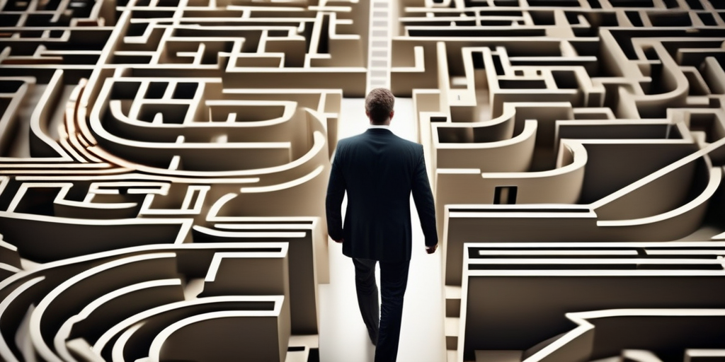 Концептуальное изображение человека, прокладывающего путь через сложный лабиринт цифровых дорог, представляющее сложности и вознаграждения арбитража трафика через дорвеи.