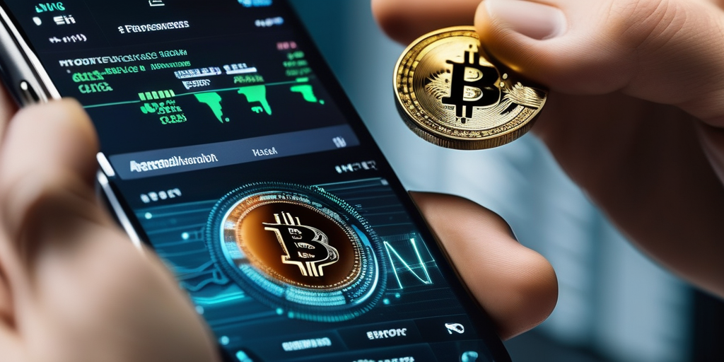 Человек держит в руках смартфон с интерфейсом криптовалютной биржи.