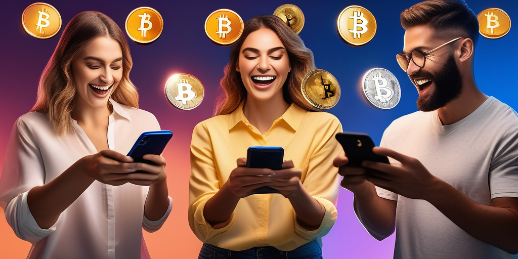 Люди с восторгом смотрят на свои телефоны с криптовалютными уведомлениями.