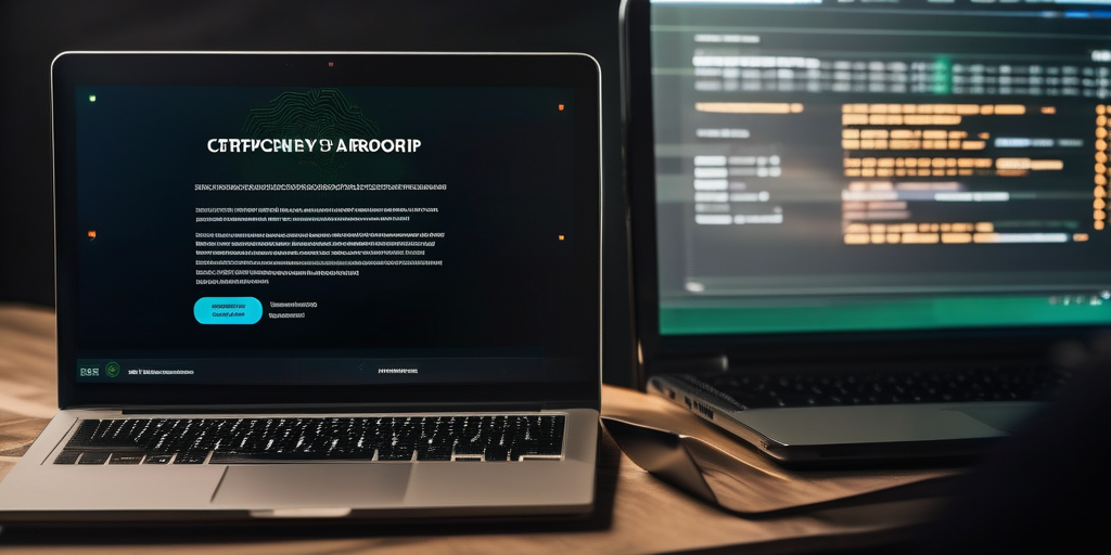 Лупа над экраном ноутбука с сайтом по аирдропам, подчеркивающая важность проверки информации.