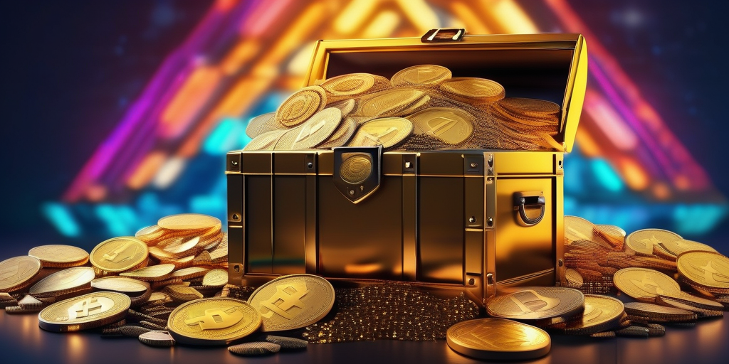 Абстрактное изображение цифрового сундука с криптовалютными токенами.