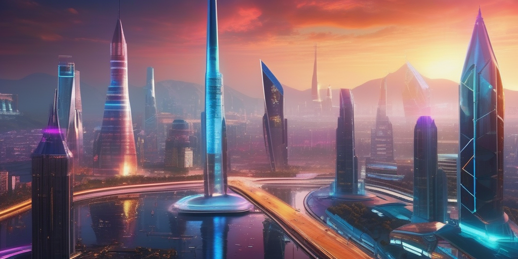 Иллюстрация футуристического города с игровыми персонажами в дополненной реальности