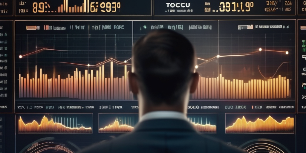 Человек с настороженным выражением лица смотрит на экран с графиками криптовалют.